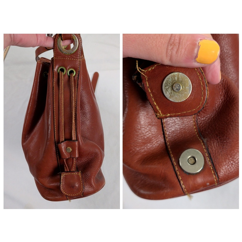 Katana Paris Vintage Brown Leather Drawstring Bucket Bag Crossbody Cognac Medium - Picture 2 of 13